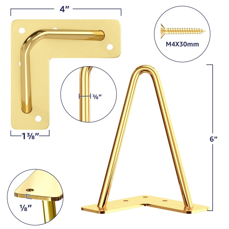 SMARTSTANDARD 6 Inch Hairpin Furniture Legs, 3/8'' Rods Metal Home DIY Projects for Nightstand, Coffee Table, Cabinet with Rubber Floor Protectors, Gold Set of 4PCS - Image 2